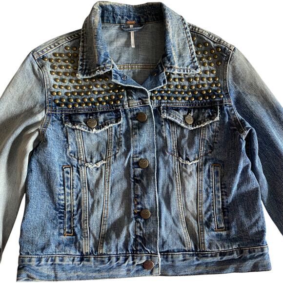 Free People : Brass-tone Studded Patchwork Distressed Boho Denim Jacket : XS - Picture 3 of 16
